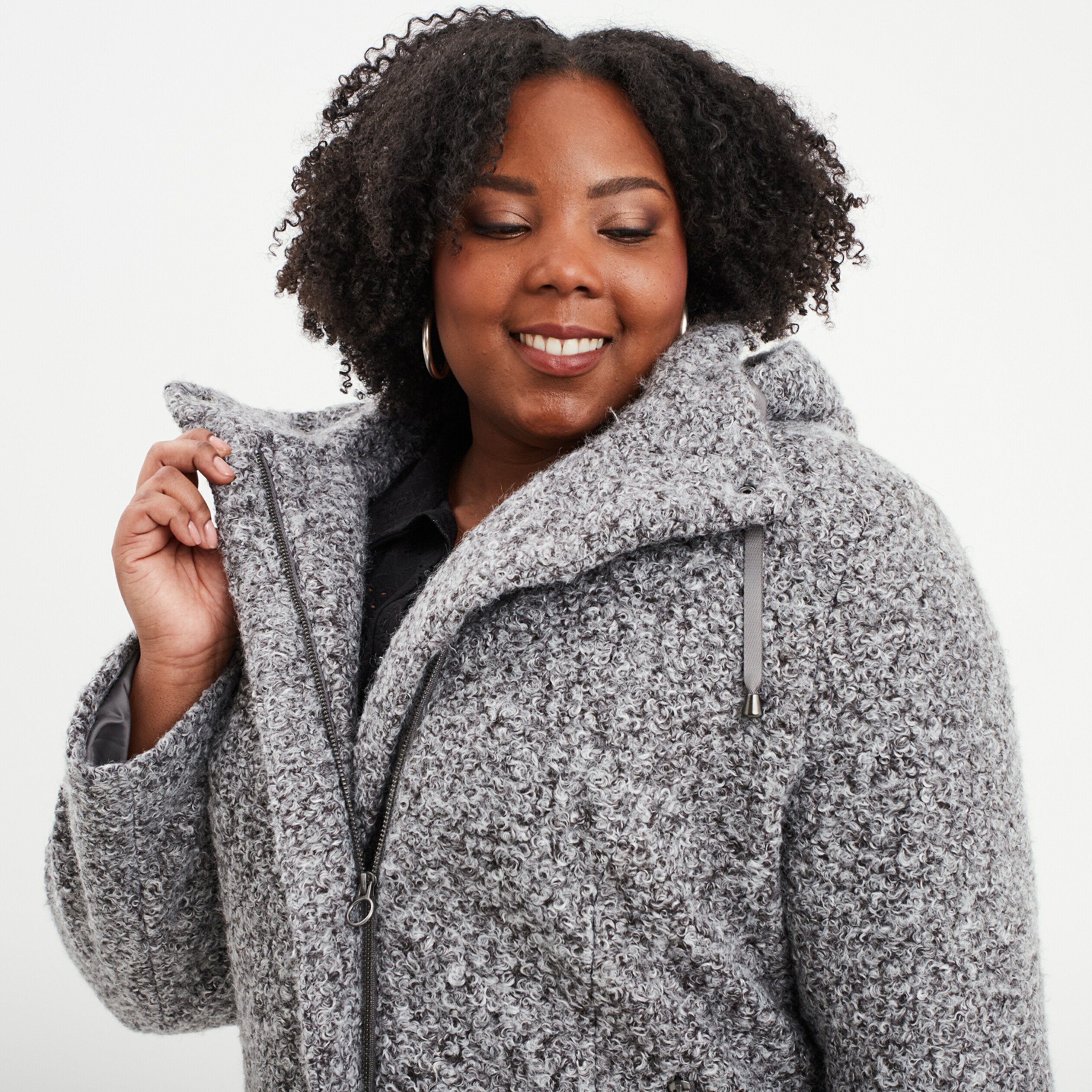 Manteau aspect bouclette a capuche gris femme grande taille La Halle