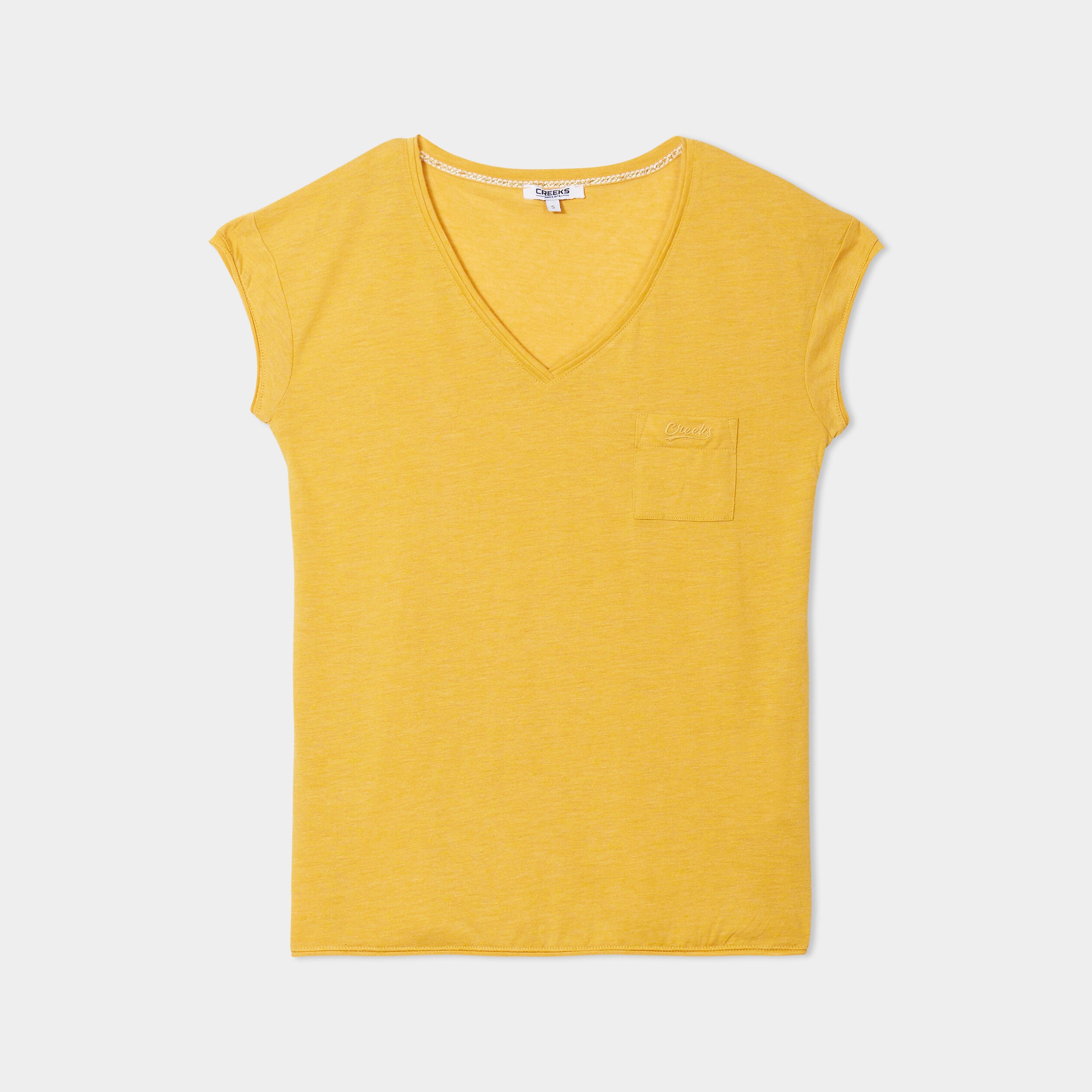 T shirt col v poche poitrine Creeks jaune moutarde femme