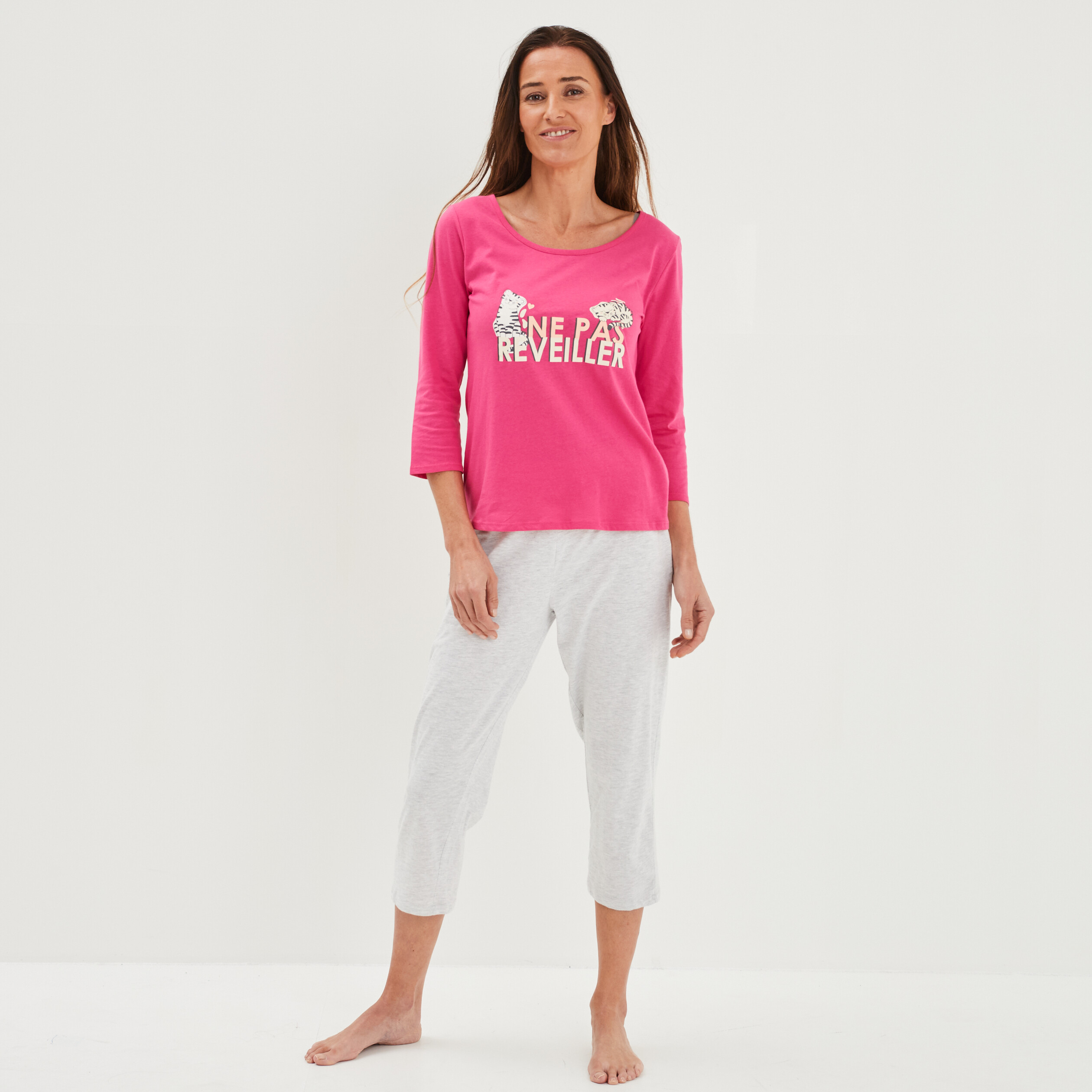 Ensemble pyjama corsaire 2 pièces coton rose fushia femme La Halle