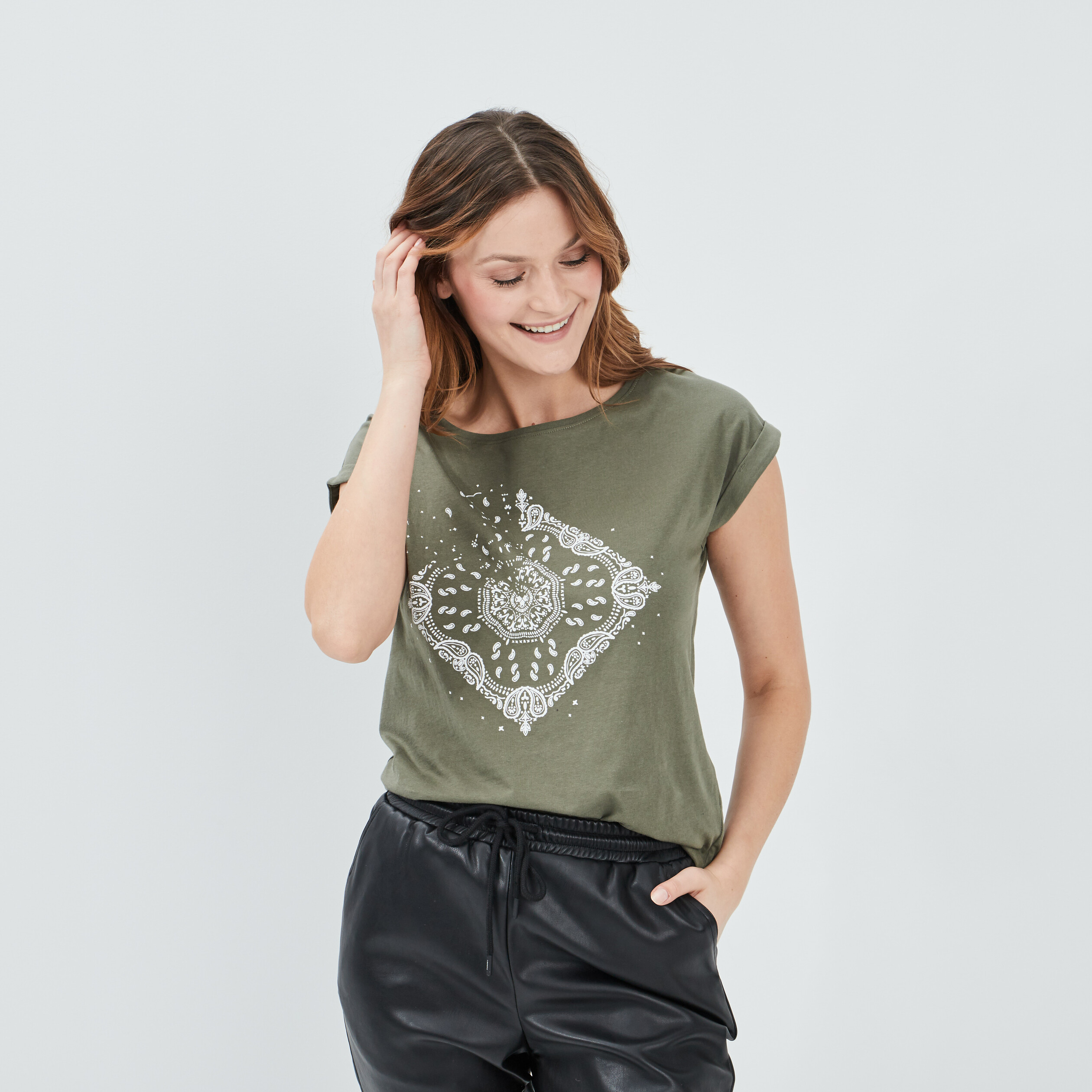 T shirt manches courtes retrouss s vert kaki femme