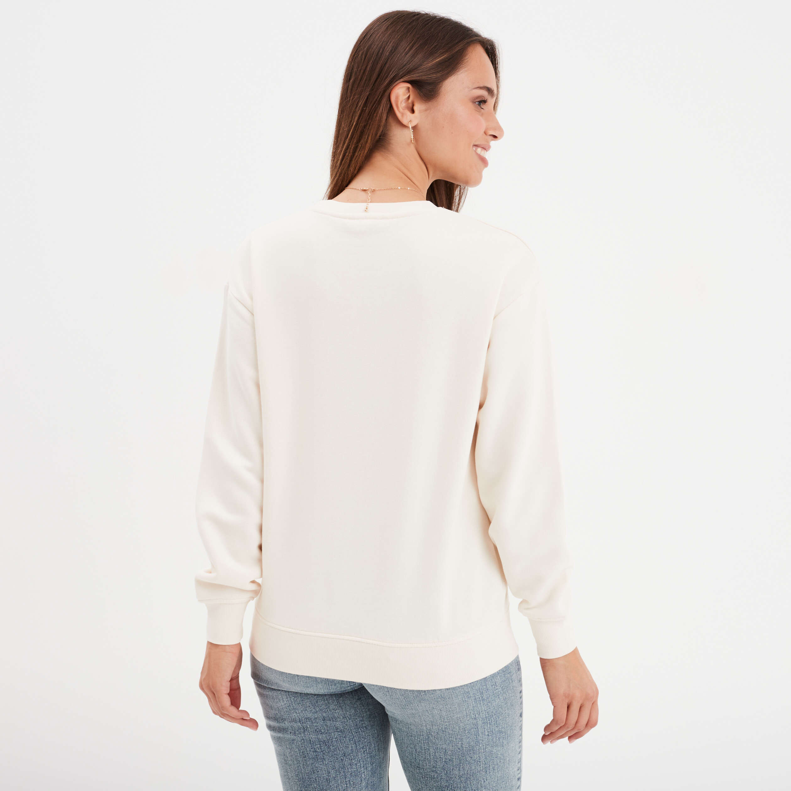 Sweat col rond manches longues creme femme