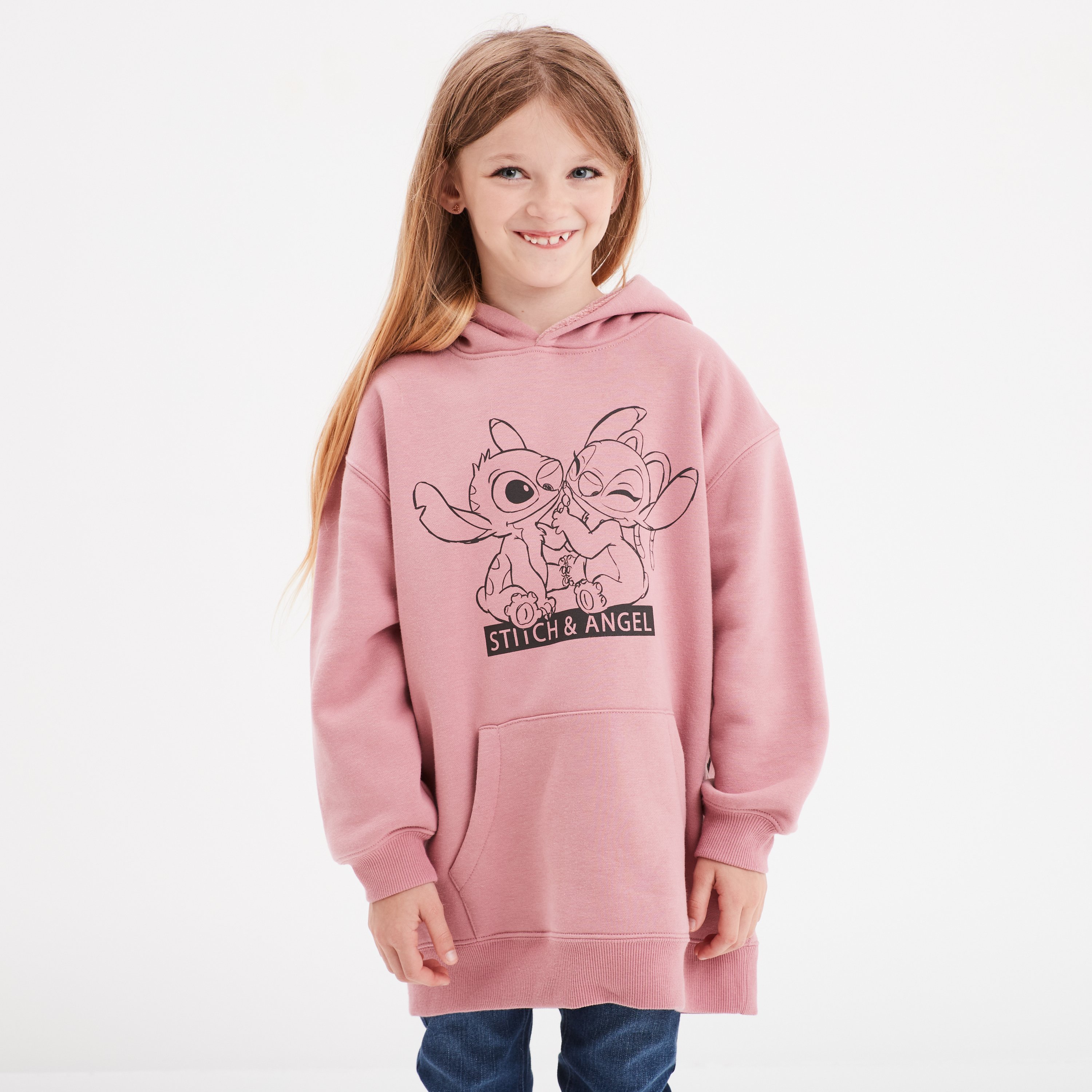 Sweat oversize a capuche hoodie Stitch rose poudree fille